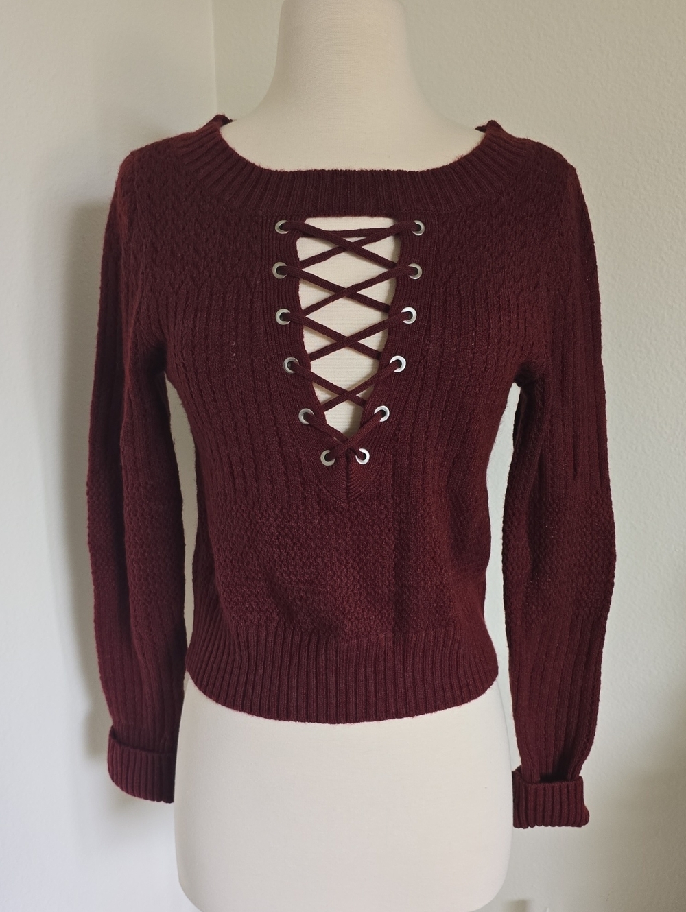 Express Women's Lace-Up Cable Knit Sweater - Burgundy
